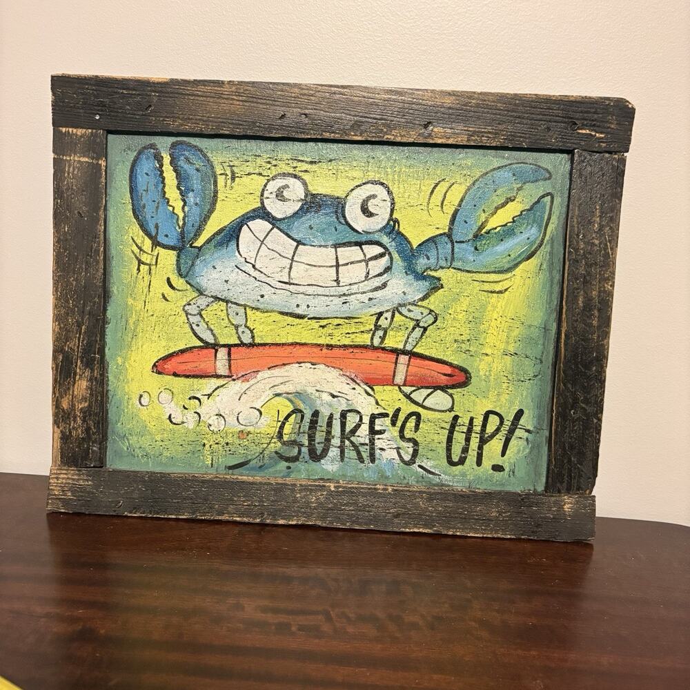 Wooden Surf’s Up Crab Sign Beach Decor Coastal Decoration 16.5”x13” Hand Crafted
